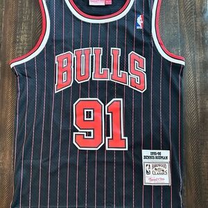 Mitchell & Ness Bulls Black and Red Pinstripe Jersey - Rodman